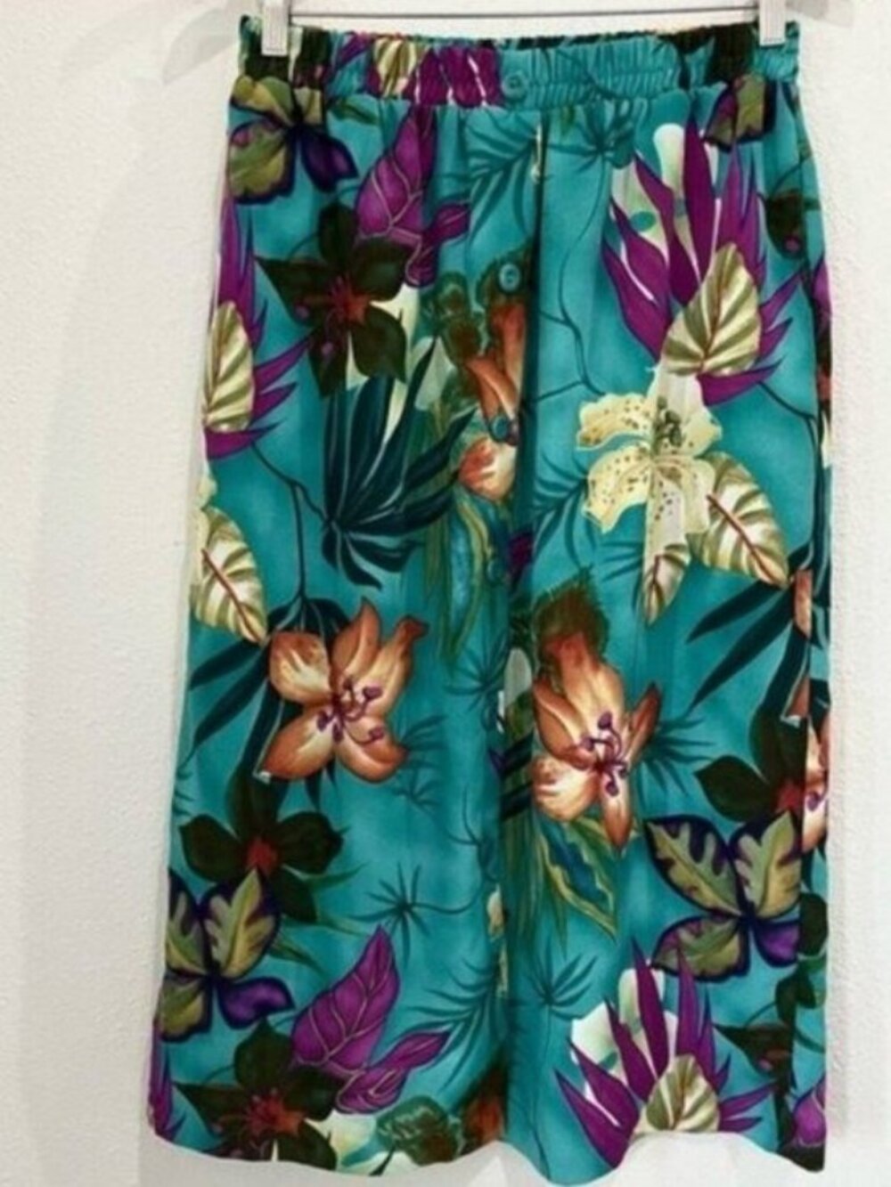 Vintage Mod Colorful Tropical Midi Skirt Retro Stretch Kitschy Button Front